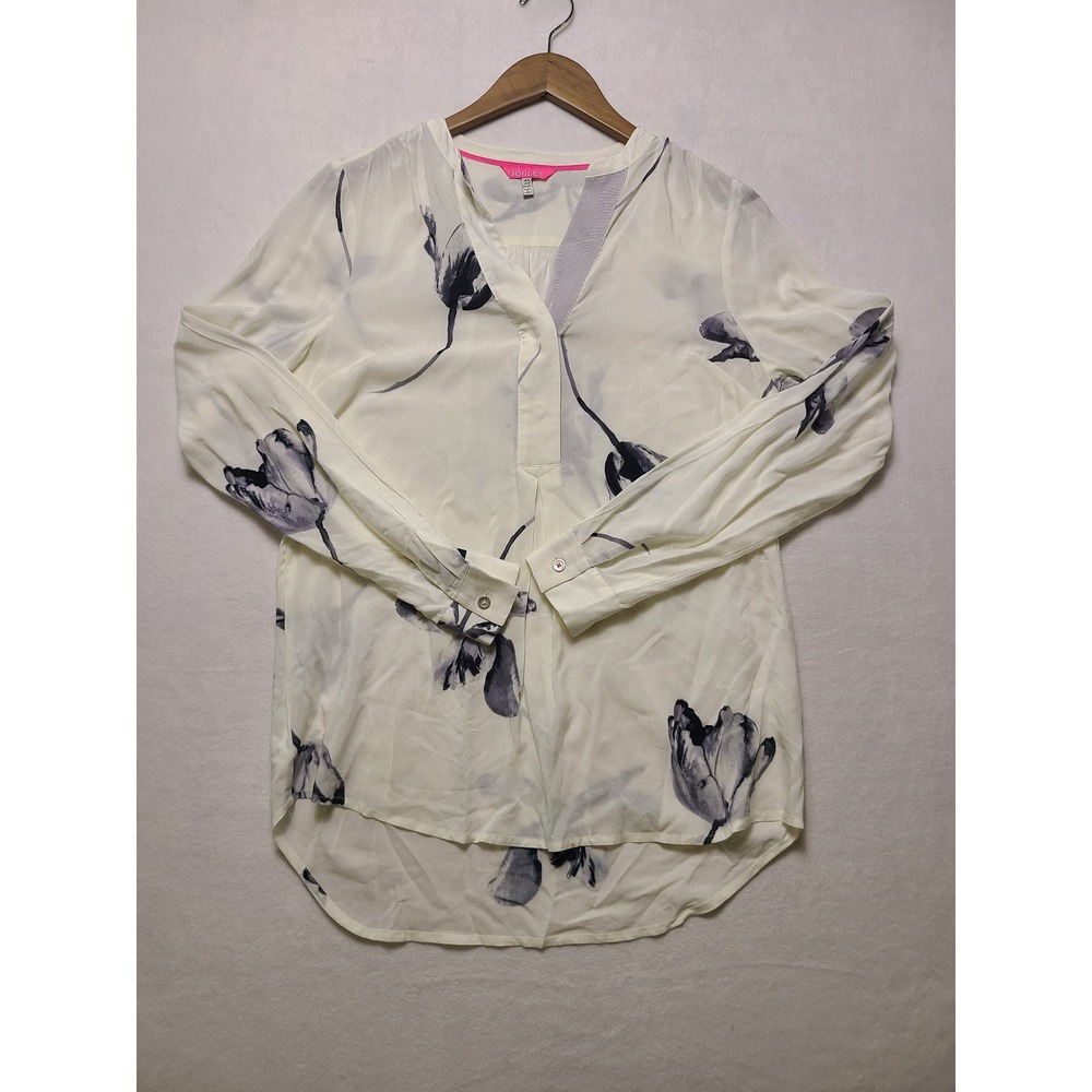 Joules US 4 Blouse Floral Tulip Print Cream Navy Blue Split V-Neck Long Sleeve